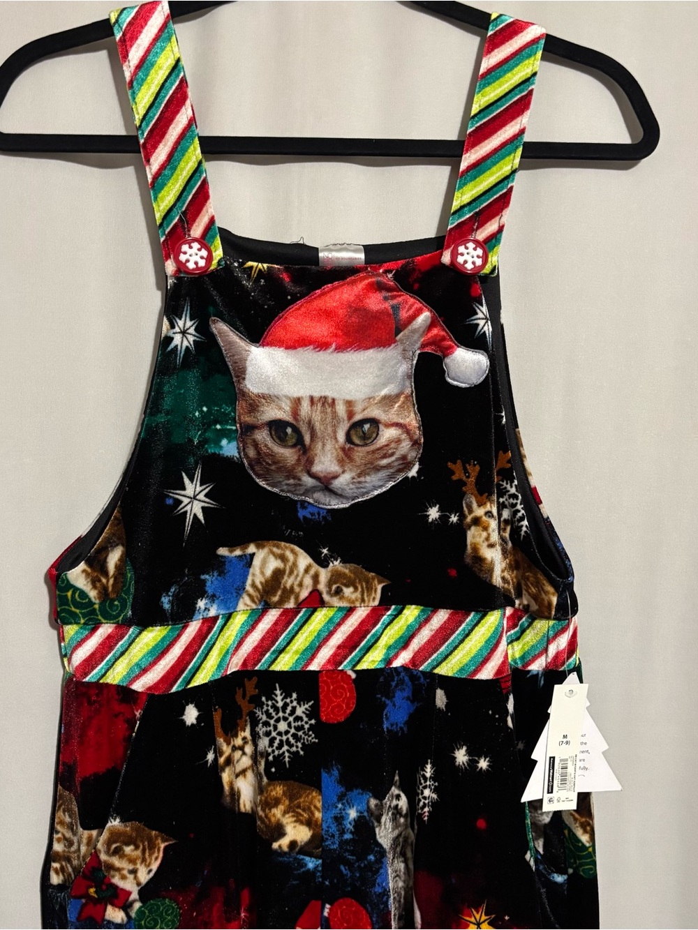 No Boundaries M (7-9) Black Velvet Holiday Cat Print Festive Colorful Jumpsuit